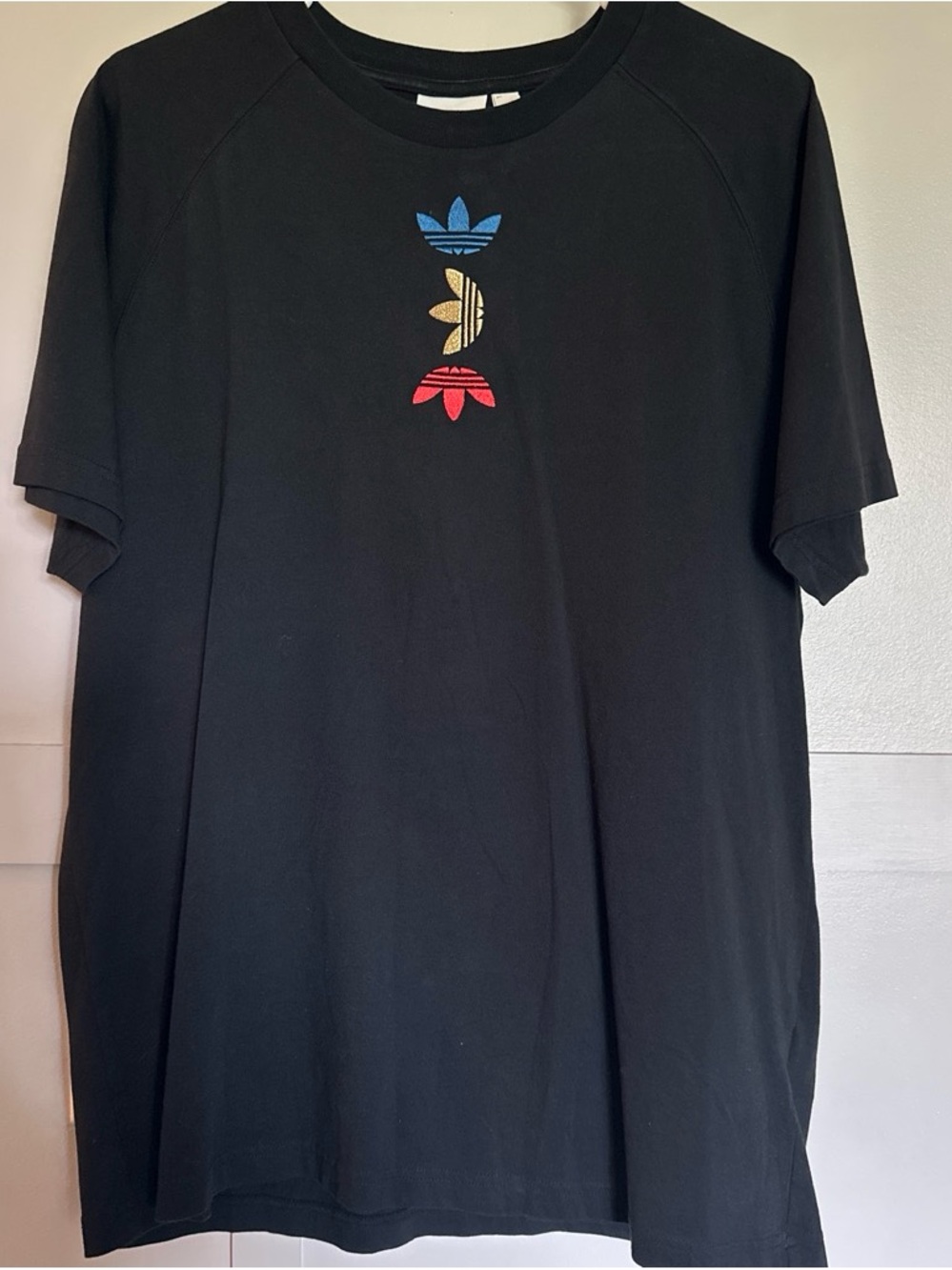 adidas Black Short Sleeve Tee with Blue, Gold & Red Trefoil Accents